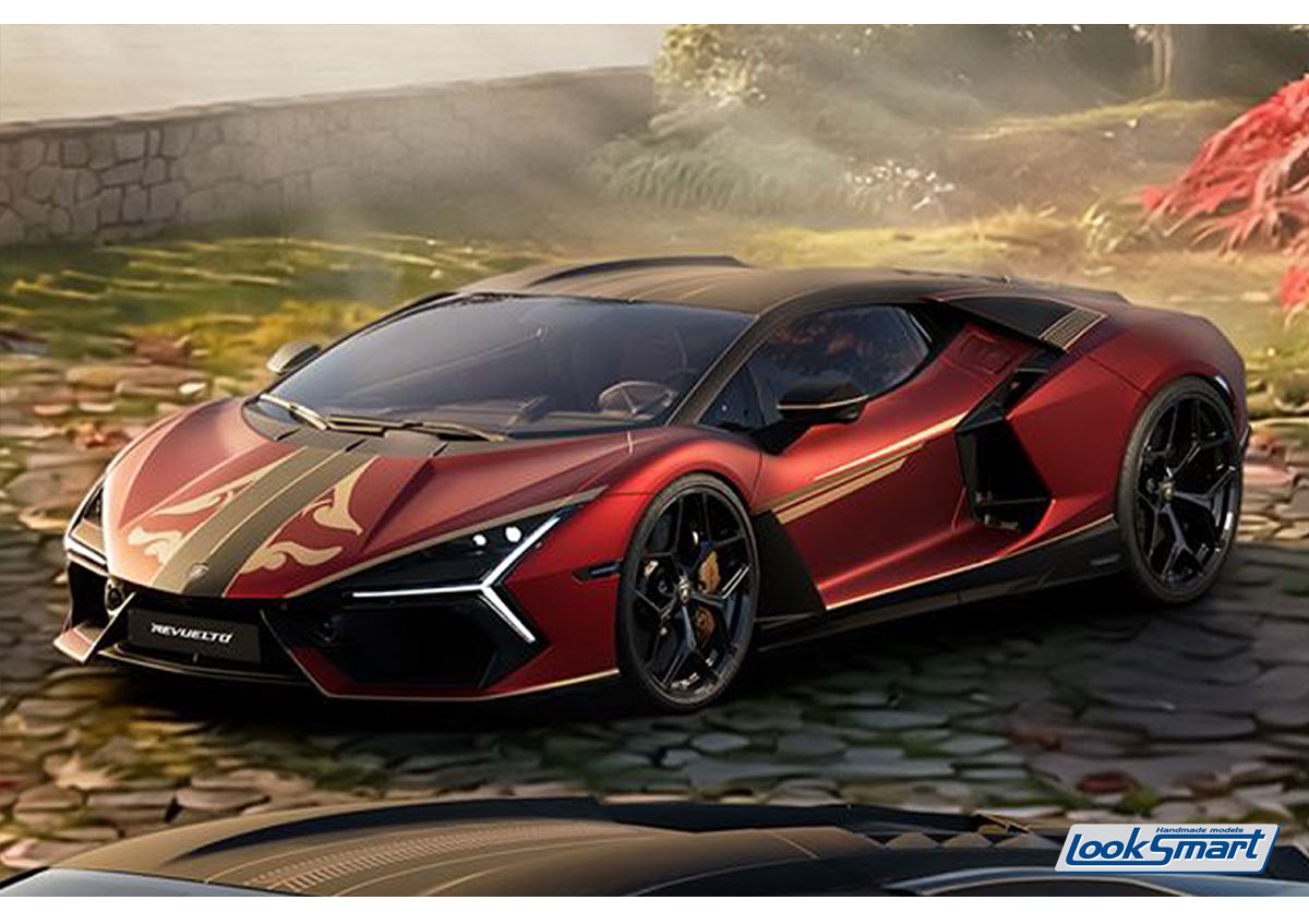 LOOKSMART 1:43 Lamborghini Revuelto Impavido (Rosso Pyra with Livery Nero Nemesis / Bronzo Serse) LS543IMB