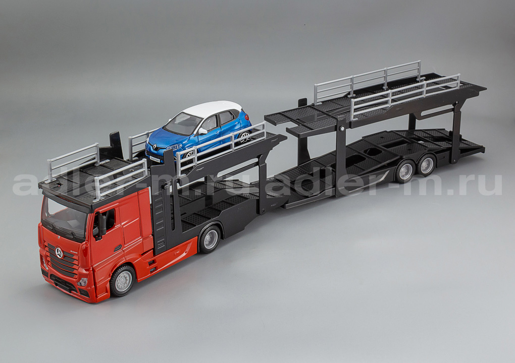 BBURAGO 1:43 Mercedes-Benz Actros 2 2545 Transporter 2016 (red/black) with Renault Captur (blue) BU18-31456