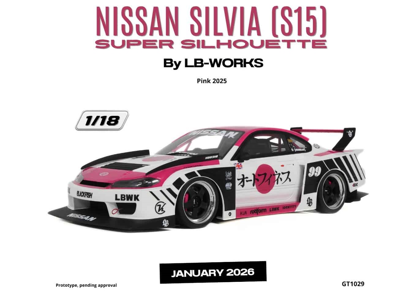 GT SPIRIT 1:18 Nissan Silvia (S15) Super Silhouette by LB-Works - 2025 (white / pink) GT1029