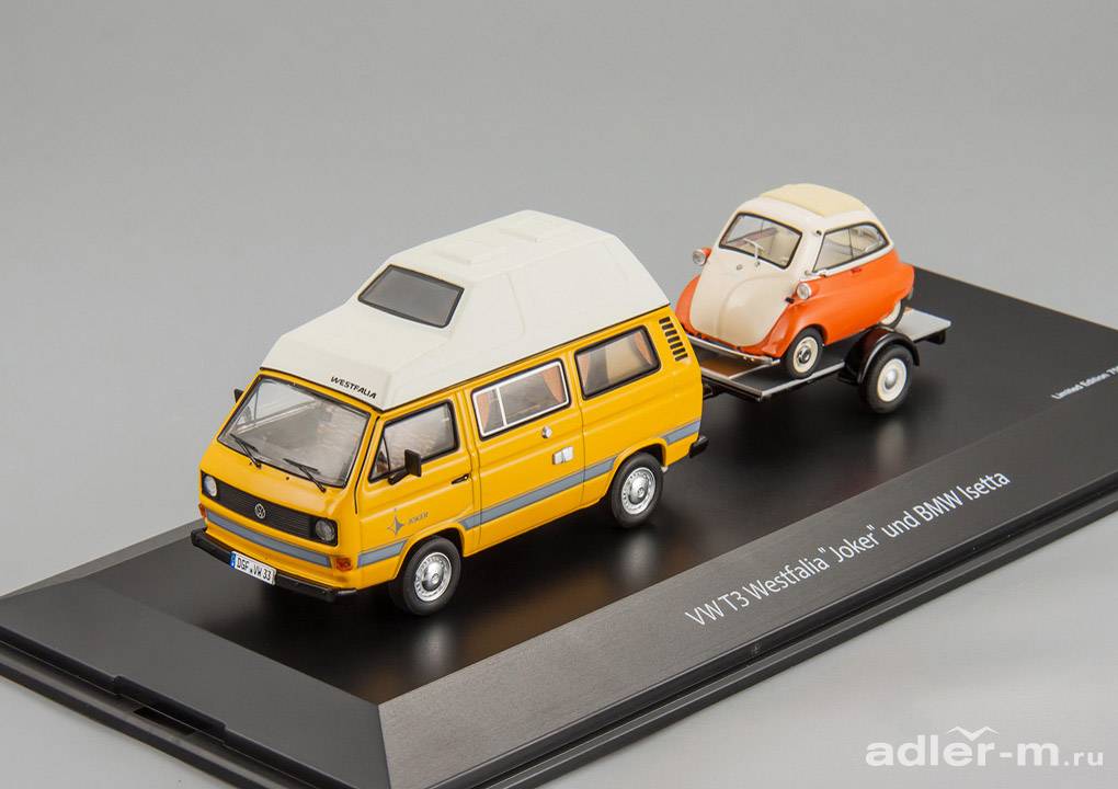 SCHUCO 1:43 Volkswagen T3 "Joker" camping bus with trailer and BMW Isetta 45 033 0300